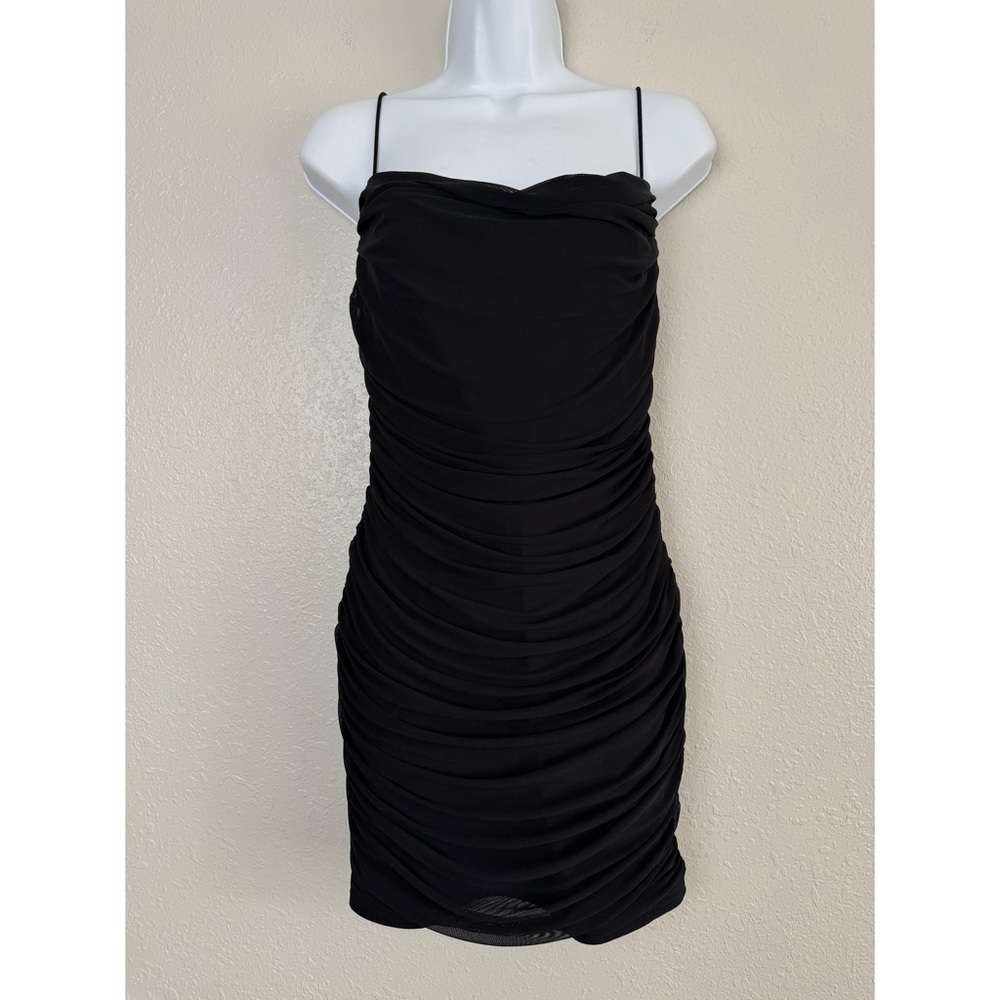 Klesis black ruched mesh criss cross mini dress L